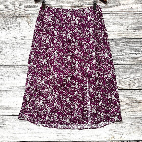 LOFT Dresses & Skirts - LOFT Petites 2P Floral A-Line Skirt Purple White Linen Blend Midi Slit Side